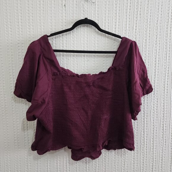 Torrid Stretch Challis Smocked Puff Sleeve Crop Top Burgundy Plus Size 5X NEW - Picture 4 of 13